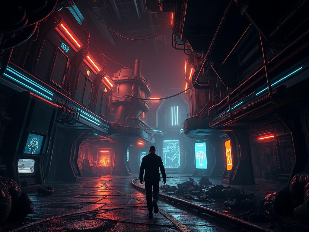 A cinematic scene of the subterranean Steel Seed world, featuring meticulously crafted futuristic structures, glowing neon-infused interiors, and immersive soundscapes. The player character navigates through this dystopian underground haven, their footsteps echoing amidst the eerie ambiance. Dramatic high-contrast lighting illuminates the intricate industrial details, creating a moody, atmospheric environment. Sleek, angular architecture and holographic displays convey a sense of advanced technology, while the pulsing electronic score enhances the sense of tension and uncertainty. An encapsulating visual and auditory experience that draws the viewer into the heart of the Steel Seed survival experience. A cinematic scene of the subterranean Steel Seed world, featuring meticulously crafted futuristic structures, glowing neon-infused interiors, and immersive soundscapes. The player character navigates through this dystopian underground haven, their footsteps echoing amidst the eerie ambiance. Dramatic high-contrast lighting illuminates the intricate industrial details, creating a moody, atmospheric environment. Sleek, angular architecture and holographic displays convey a sense of advanced technology, while the pulsing electronic score enhances the sense of tension and uncertainty. An encapsulating visual and auditory experience that draws the viewer into the heart of the Steel Seed survival experience.
