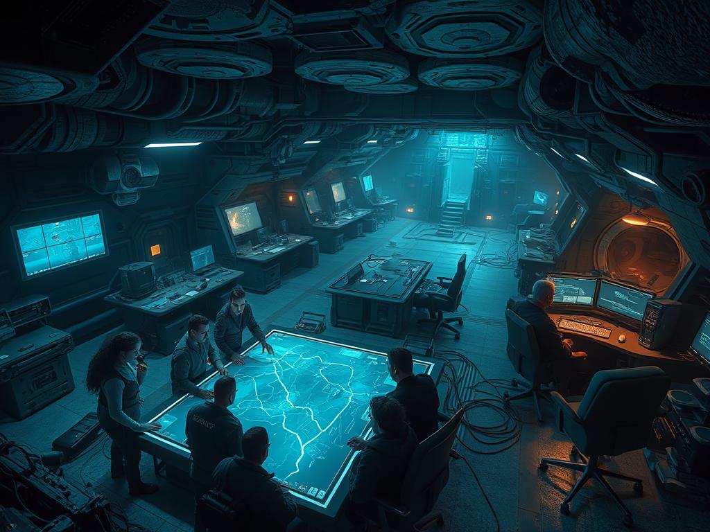 A dimly lit, underground bunker teeming with advanced technology and a sense of grim determination. In the foreground, a group of survivors huddled around a holographic map, carefully planning their next move to secure their subterranean refuge against the ravages of a post-apocalyptic world. The mid-ground features a bustling command center, where operators monitor surveillance feeds and coordinate defensive strategies, their faces illuminated by the glow of computer screens. In the background, a vast, cavernous expanse stretches out, filled with the hum of machinery and the faint glow of emergency lighting, conveying a palpable sense of isolation and the weight of humanity's struggle for survival. The overall atmosphere is one of tension, resilience, and the determination to overcome the challenges that threaten the last bastion of hope for humanity. A dimly lit, underground bunker teeming with advanced technology and a sense of grim determination. In the foreground, a group of survivors huddled around a holographic map, carefully planning their next move to secure their subterranean refuge against the ravages of a post-apocalyptic world. The mid-ground features a bustling command center, where operators monitor surveillance feeds and coordinate defensive strategies, their faces illuminated by the glow of computer screens. In the background, a vast, cavernous expanse stretches out, filled with the hum of machinery and the faint glow of emergency lighting, conveying a palpable sense of isolation and the weight of humanity's struggle for survival. The overall atmosphere is one of tension, resilience, and the determination to overcome the challenges that threaten the last bastion of hope for humanity.