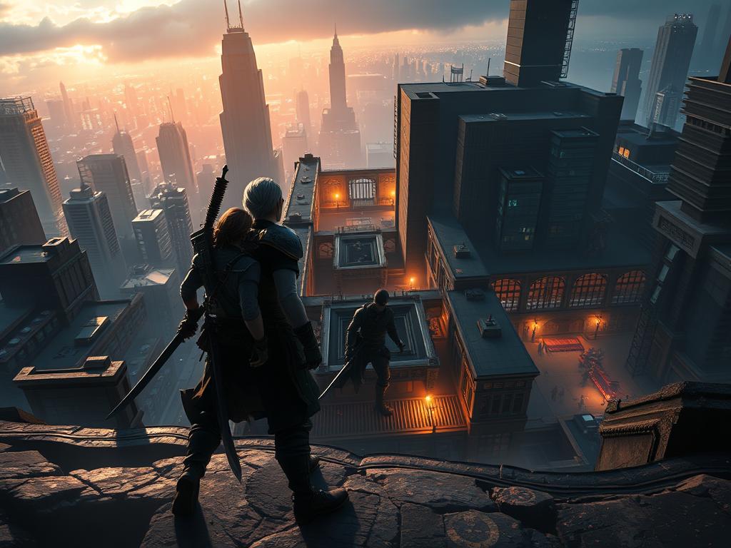 A dynamic scene showcasing the contrasting experiences of cooperative and solo gameplay. In the foreground, two players work together, their characters standing side by side, weapons drawn, ready to tackle challenges as a team. In the middle ground, a lone player navigates a maze-like environment, using stealth and quick reflexes to overcome obstacles. The background depicts a sprawling city skyline, with towering buildings and neon-lit streets, adding a sense of scale and atmosphere. The lighting is cinematic, casting dramatic shadows and highlights, emphasizing the intensity and drama of the different playstyles. The overall composition and attention to detail create a visually compelling representation of the distinct collaborative and individual experiences. A dynamic scene showcasing the contrasting experiences of cooperative and solo gameplay. In the foreground, two players work together, their characters standing side by side, weapons drawn, ready to tackle challenges as a team. In the middle ground, a lone player navigates a maze-like environment, using stealth and quick reflexes to overcome obstacles. The background depicts a sprawling city skyline, with towering buildings and neon-lit streets, adding a sense of scale and atmosphere. The lighting is cinematic, casting dramatic shadows and highlights, emphasizing the intensity and drama of the different playstyles. The overall composition and attention to detail create a visually compelling representation of the distinct collaborative and individual experiences.