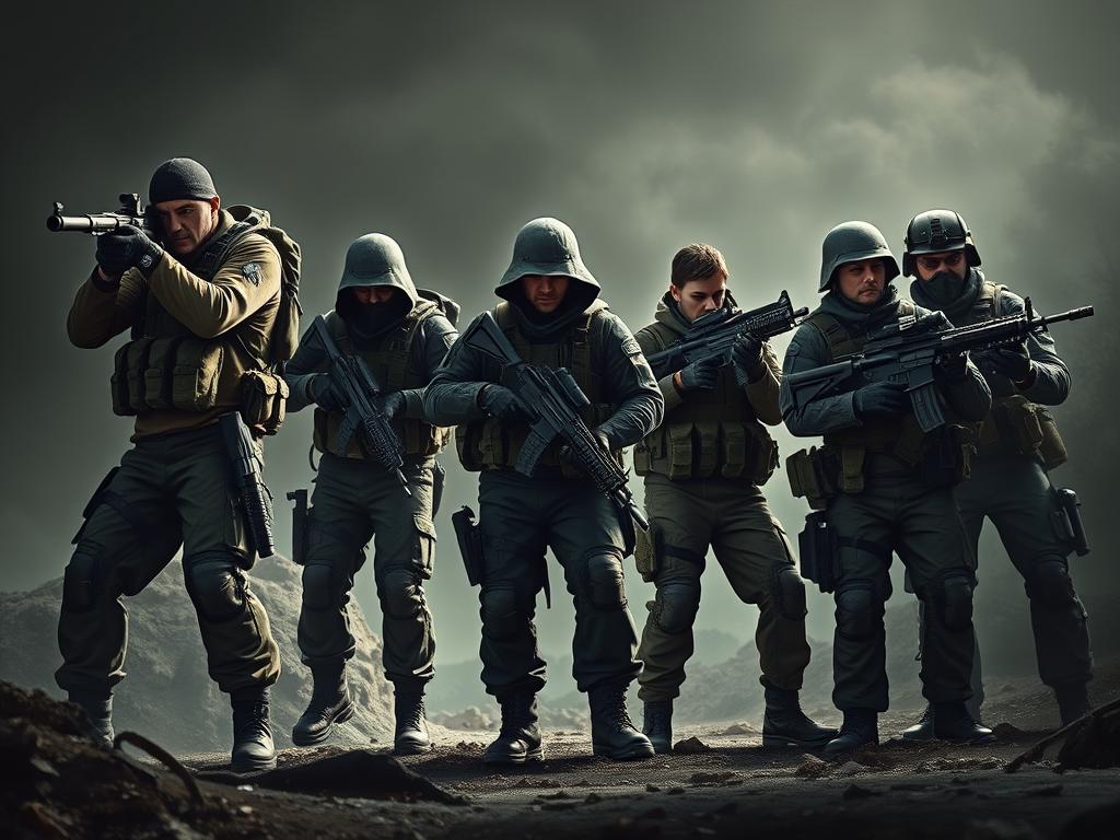 A group of six highly skilled Commandos, each with distinct abilities, stand ready to face the challenges ahead. In the foreground, a sniper surveys the terrain through a high-powered scope, their keen eyes scanning for targets. Beside them, a demolitions expert primes an explosive charge, their gloved hands deftly handling the intricate mechanism. In the middle ground, a stealthy infiltrator glides through the shadows, their lithe movements undetected. A medic attends to a wounded teammate, their medical kit at the ready, while a heavy weapons specialist provides cover with a massive machine gun. Finally, in the background, a tactical commander oversees the operation, their tactical acumen guiding the team's coordinated assault. Dramatic lighting and a gritty, high-contrast atmosphere set the stage for this elite team of Commandos, ready to utilize their specialized skills to overcome any obstacle. A group of six highly skilled Commandos, each with distinct abilities, stand ready to face the challenges ahead. In the foreground, a sniper surveys the terrain through a high-powered scope, their keen eyes scanning for targets. Beside them, a demolitions expert primes an explosive charge, their gloved hands deftly handling the intricate mechanism. In the middle ground, a stealthy infiltrator glides through the shadows, their lithe movements undetected. A medic attends to a wounded teammate, their medical kit at the ready, while a heavy weapons specialist provides cover with a massive machine gun. Finally, in the background, a tactical commander oversees the operation, their tactical acumen guiding the team's coordinated assault. Dramatic lighting and a gritty, high-contrast atmosphere set the stage for this elite team of Commandos, ready to utilize their specialized skills to overcome any obstacle.