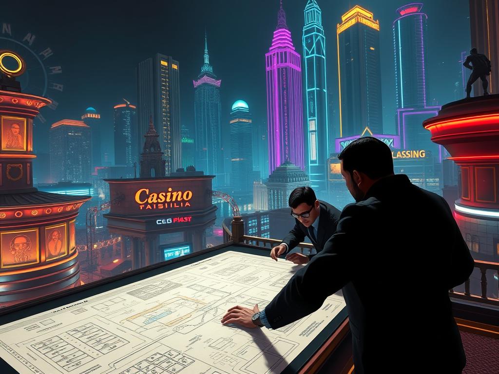 A high-stakes co-op heist set in a vibrant, neon-lit city. Showcasing new gameplay modes and challenging features, the scene depicts a team of skilled thieves carefully planning their next daring casino robbery. In the foreground, the players huddle around a detailed schematic, gesturing animatedly as they discuss strategies. Intricate security systems and architectural elements loom in the middle ground, while the towering skyscrapers and glittering lights of the metropolis form the atmospheric background. Dramatic chiaroscuro lighting casts dramatic shadows, heightening the tension and sense of risk. The overall mood is one of cautious exhilaration, as the crew prepares to execute their most complex and thrilling co-op heist yet. A high-stakes co-op heist set in a vibrant, neon-lit city. Showcasing new gameplay modes and challenging features, the scene depicts a team of skilled thieves carefully planning their next daring casino robbery. In the foreground, the players huddle around a detailed schematic, gesturing animatedly as they discuss strategies. Intricate security systems and architectural elements loom in the middle ground, while the towering skyscrapers and glittering lights of the metropolis form the atmospheric background. Dramatic chiaroscuro lighting casts dramatic shadows, heightening the tension and sense of risk. The overall mood is one of cautious exhilaration, as the crew prepares to execute their most complex and thrilling co-op heist yet.