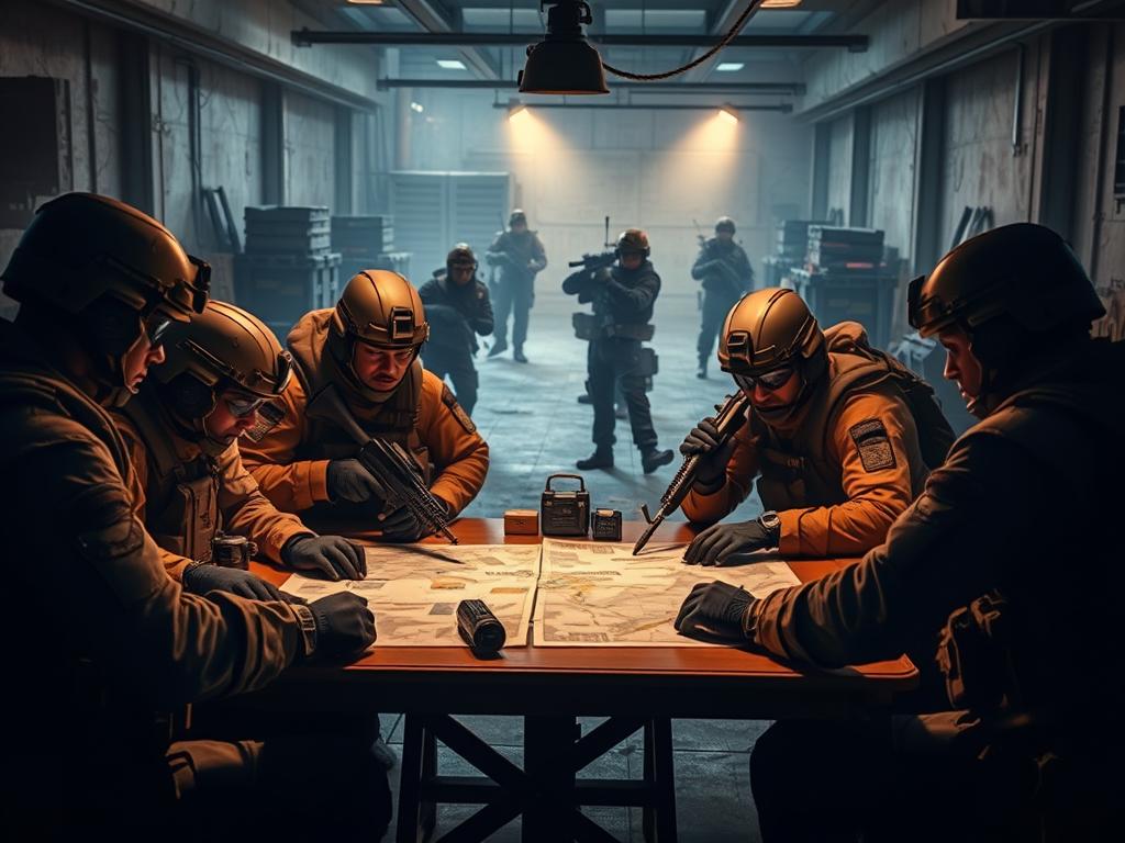 A squad of highly-trained commandos, clad in tactical gear, engaged in a realistic military simulation game. The foreground focuses on the commandos clustered around a table, intently studying maps and discussing strategies. Overhead, ambient lighting casts a warm, focused glow, creating a sense of intensity and focus. In the middle ground, additional commandos move with precision, communicating via radio and hand signals. The background features a gritty, industrial setting, with crates, equipment, and the faint outlines of a command center, emphasizing the operational nature of the scene. The overall mood conveys a blend of professionalism, camaraderie, and the thrill of putting their training into practice through a strategic game. A squad of highly-trained commandos, clad in tactical gear, engaged in a realistic military simulation game. The foreground focuses on the commandos clustered around a table, intently studying maps and discussing strategies. Overhead, ambient lighting casts a warm, focused glow, creating a sense of intensity and focus. In the middle ground, additional commandos move with precision, communicating via radio and hand signals. The background features a gritty, industrial setting, with crates, equipment, and the faint outlines of a command center, emphasizing the operational nature of the scene. The overall mood conveys a blend of professionalism, camaraderie, and the thrill of putting their training into practice through a strategic game.