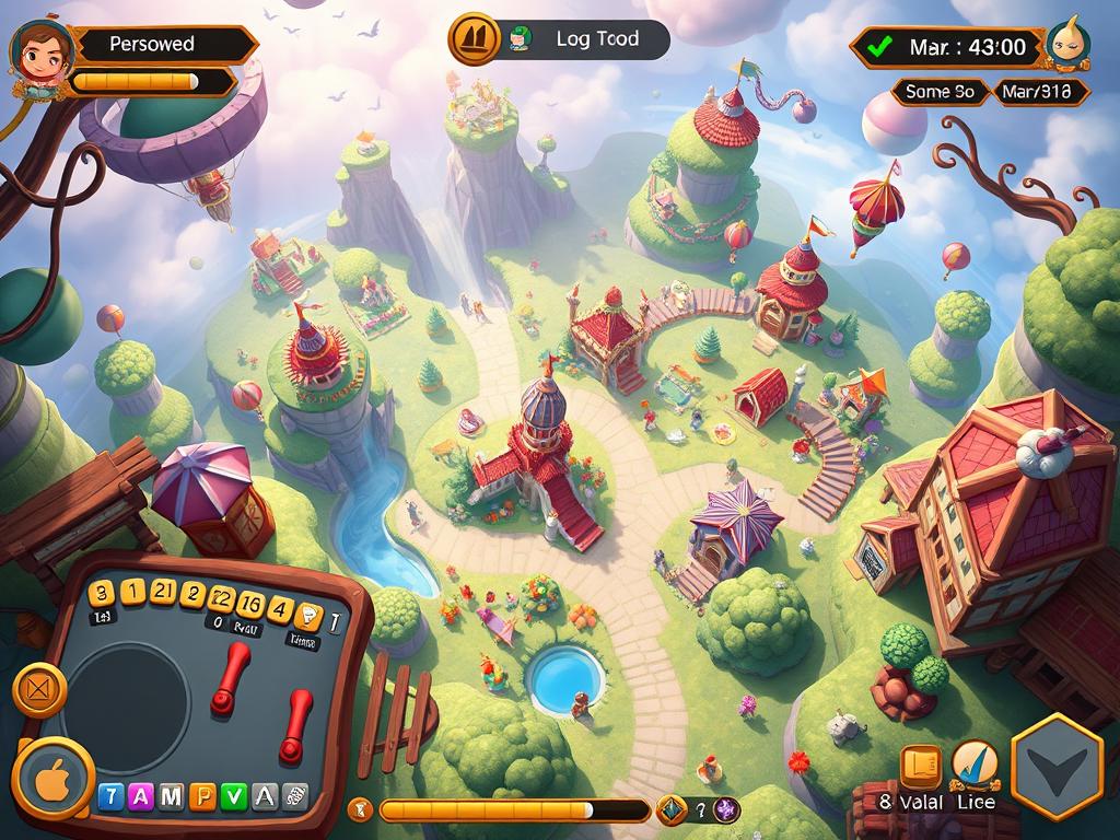 A top-down view of a vibrant game management simulation, set in a whimsical, cartoon-like world. The foreground features a dynamic game interface, with various icons, sliders, and menus for managing resources, personnel, and game mechanics. The middle ground showcases a bustling game world, with cute characters, fantastical structures, and dynamic events unfolding. The background reveals a dreamlike landscape, filled with vibrant colors, floating islands, and a playful, lighthearted atmosphere. The lighting is soft and diffused, creating a warm, inviting ambiance. The overall composition conveys a sense of immersive, engaging gameplay, where the player is in full control of a delightfully peculiar game management experience. A top-down view of a vibrant game management simulation, set in a whimsical, cartoon-like world. The foreground features a dynamic game interface, with various icons, sliders, and menus for managing resources, personnel, and game mechanics. The middle ground showcases a bustling game world, with cute characters, fantastical structures, and dynamic events unfolding. The background reveals a dreamlike landscape, filled with vibrant colors, floating islands, and a playful, lighthearted atmosphere. The lighting is soft and diffused, creating a warm, inviting ambiance. The overall composition conveys a sense of immersive, engaging gameplay, where the player is in full control of a delightfully peculiar game management experience.