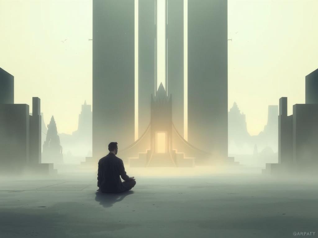 A tranquil, contemplative scene set in a serene, minimalist environment. In the foreground, a solitary figure sits cross-legged, engaged in deep philosophical reflection, surrounded by abstract geometric shapes and architectural elements that evoke a sense of ancient wisdom and timeless discovery. The middle ground features a dreamlike, subtly-lit landscape with towering, enigmatic structures, hinting at the deeper layers of meaning and exploration within the game's narrative. The background is bathed in a soft, diffused light, creating an atmosphere of introspection and intellectual inquiry. The overall composition and color palette convey a sense of profound thought, intricate systems, and the pursuit of knowledge. A tranquil, contemplative scene set in a serene, minimalist environment. In the foreground, a solitary figure sits cross-legged, engaged in deep philosophical reflection, surrounded by abstract geometric shapes and architectural elements that evoke a sense of ancient wisdom and timeless discovery. The middle ground features a dreamlike, subtly-lit landscape with towering, enigmatic structures, hinting at the deeper layers of meaning and exploration within the game's narrative. The background is bathed in a soft, diffused light, creating an atmosphere of introspection and intellectual inquiry. The overall composition and color palette convey a sense of profound thought, intricate systems, and the pursuit of knowledge.