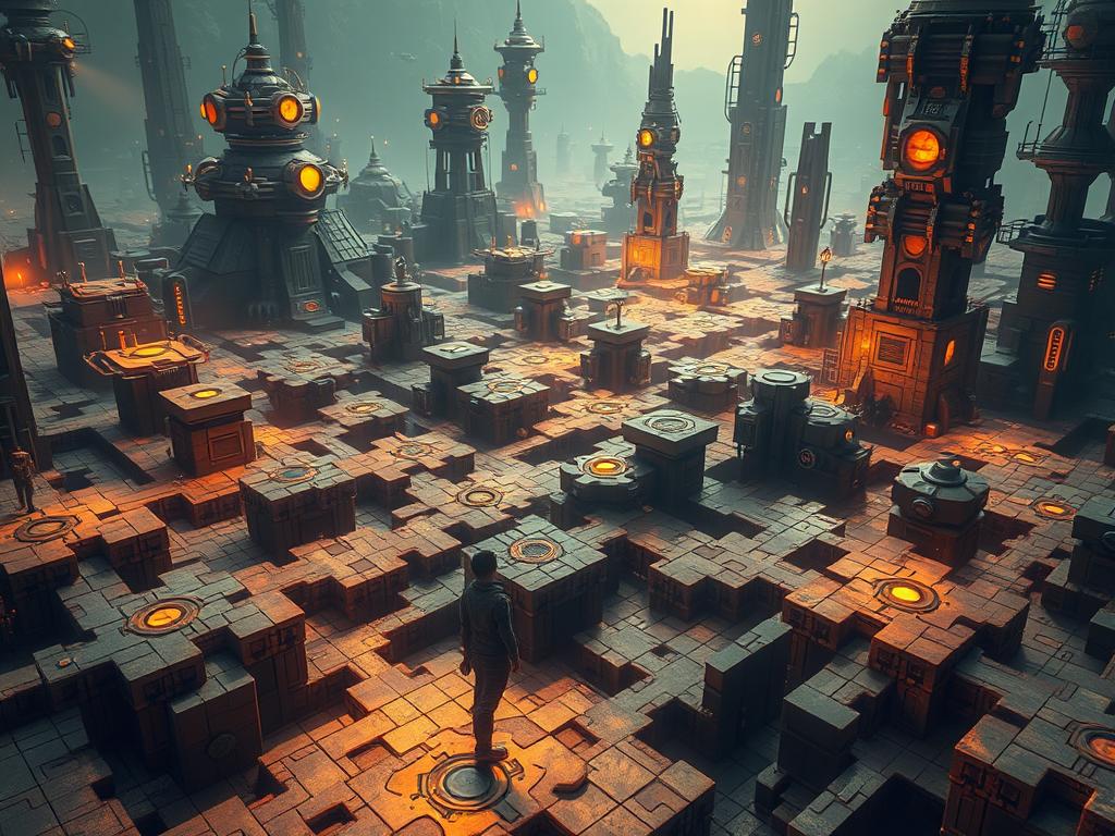 A vast, intricate landscape of interlocking puzzle pieces, teeming with intricate mechanisms and interactive elements. Warm, ambient lighting illuminates the scene, casting a contemplative atmosphere. In the foreground, a player navigates through a maze of interconnected challenges, their actions seamlessly triggering subtle shifts in the environment. The middle ground features a variety of abstract, geometric forms that serve as the building blocks of the puzzles, each one a unique problem to solve. In the background, a sense of depth and scale is established through towering, modular structures that hint at the complexity and depth of the game's design. The overall composition conveys a balance of challenge and exploration, inviting the viewer to delve deeper into the captivating world of game design and puzzle-solving mechanics. A vast, intricate landscape of interlocking puzzle pieces, teeming with intricate mechanisms and interactive elements. Warm, ambient lighting illuminates the scene, casting a contemplative atmosphere. In the foreground, a player navigates through a maze of interconnected challenges, their actions seamlessly triggering subtle shifts in the environment. The middle ground features a variety of abstract, geometric forms that serve as the building blocks of the puzzles, each one a unique problem to solve. In the background, a sense of depth and scale is established through towering, modular structures that hint at the complexity and depth of the game's design. The overall composition conveys a balance of challenge and exploration, inviting the viewer to delve deeper into the captivating world of game design and puzzle-solving mechanics.
