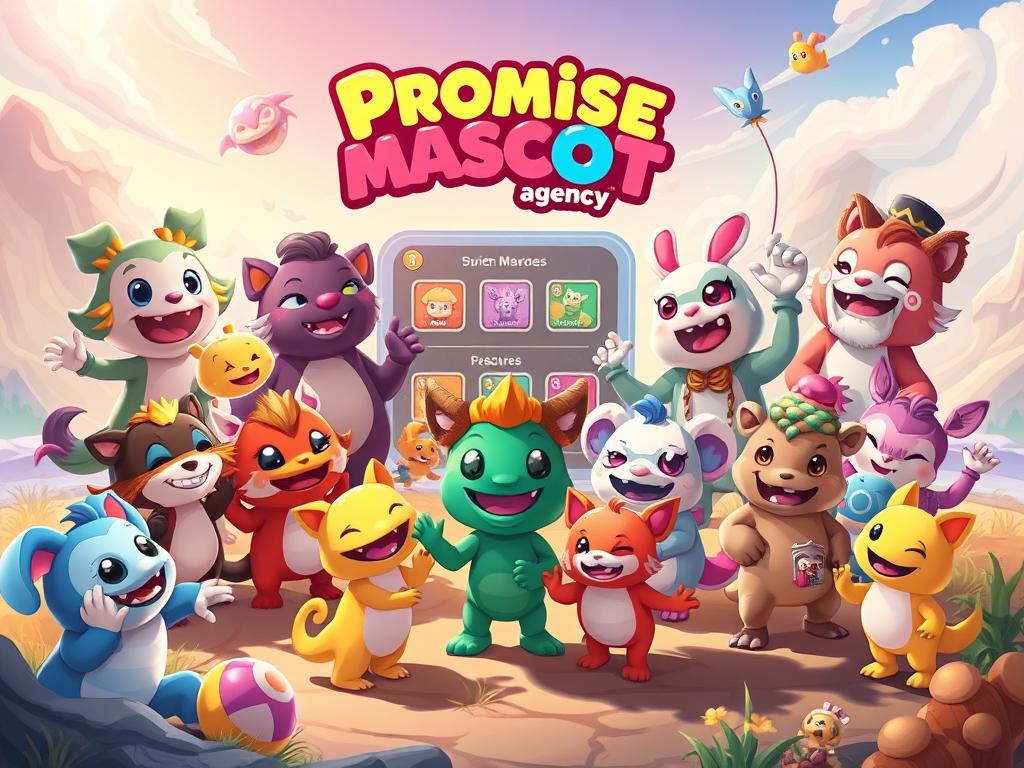A vibrant and whimsical illustration showcasing the unique mascot characters of the indie game "Promise Mascot Agency". In the foreground, a group of diverse, colorful mascot creatures interacting playfully, each with its own distinctive personality and design. The middle ground features a stylized game UI or interface, hinting at the interactive and customizable nature of the mascot system. The background sets the scene with a surreal, dreamlike landscape, perhaps inspired by the game's fantastical universe, bathed in warm, soft lighting that enhances the playful, imaginative atmosphere. The overall composition and visual style should captivate the viewer and convey the game's offbeat charm and engaging mascot-focused mechanics. A vibrant and whimsical illustration showcasing the unique mascot characters of the indie game "Promise Mascot Agency". In the foreground, a group of diverse, colorful mascot creatures interacting playfully, each with its own distinctive personality and design. The middle ground features a stylized game UI or interface, hinting at the interactive and customizable nature of the mascot system. The background sets the scene with a surreal, dreamlike landscape, perhaps inspired by the game's fantastical universe, bathed in warm, soft lighting that enhances the playful, imaginative atmosphere. The overall composition and visual style should captivate the viewer and convey the game's offbeat charm and engaging mascot-focused mechanics.